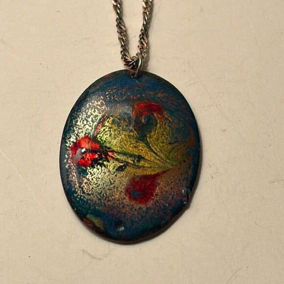 Jewelry - Unique multicolor blue with red swirls oval pendant with long 32” chain
